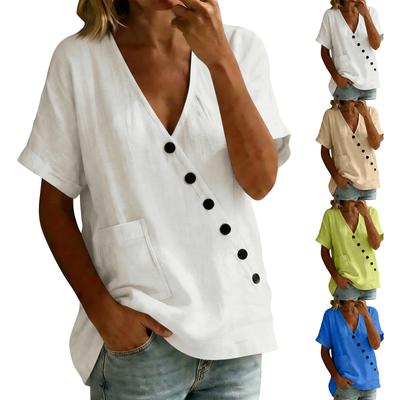 Women's Button-down V-neck Plain-colored Cotton And Linen Blouse