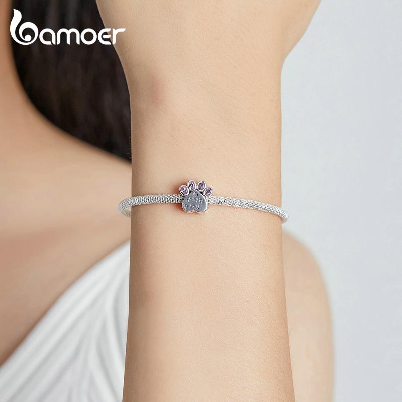 Bamoer 925 prata esterlina original rosa oval zircon cão pata forma charme contas para mulheres jóias finas