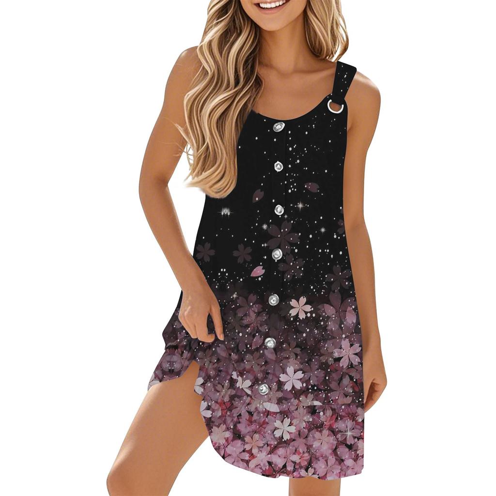 Damen Freizeit Ärmellos Knopfleiste Blumenmuster Kleid mit Saum Saum