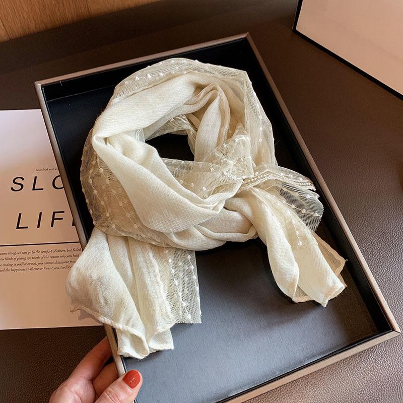 Lace Cotton and Linen Scarf for Women 140x40cm Summer Neck Protection Shawl Travel Scarf