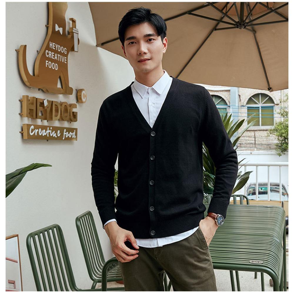 Men 100% Cotton V Neck Knit Cardigan, Slim Fit Long Sleeve Korean Style Casual Sweater Jacket for Autumn Winter