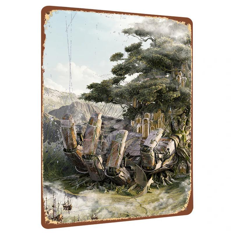 

Enchanted Giant Tree Castle Metal Wall Art Vintage Relief Craft Living RoomDecorative Painting for Home Decoration 20x30cm（7.8x11.8inch）