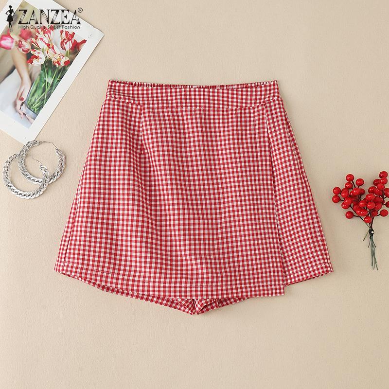 ZANZEA Womens Summer Elastic Waist Casual Grid Print Shorts