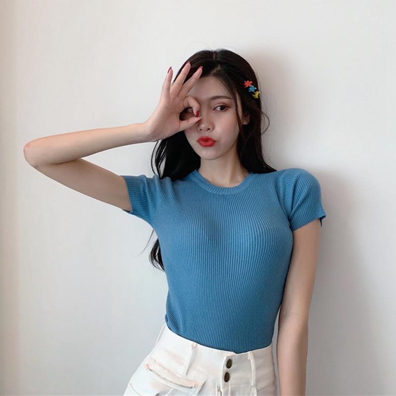 Dámské módní tričko s O výstřihem, jednobarevné, letní, ležérní top s krátkým rukávem, korejský styl, slim, pletené tričko femme