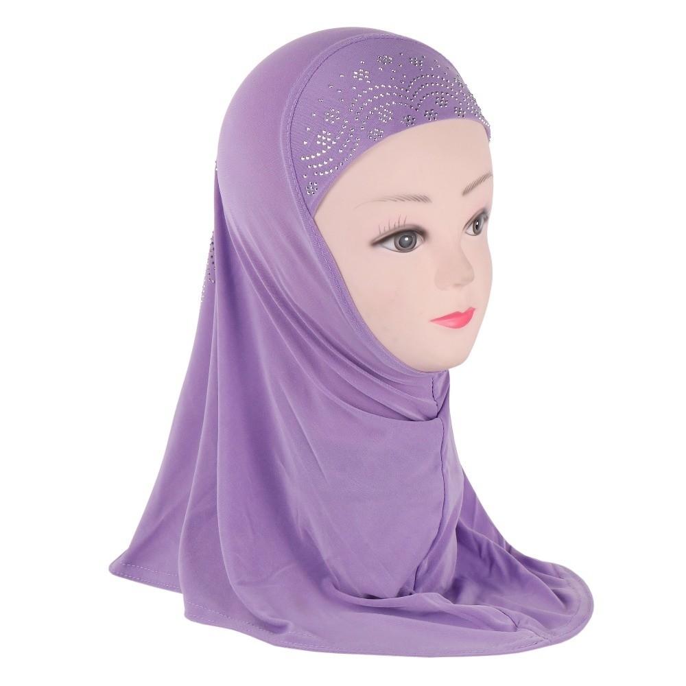 Beautiful Cute Girl Rhinestones Hijab Simple Flower Head Wrap Polyester Easy Pull-On Pray Hat Children