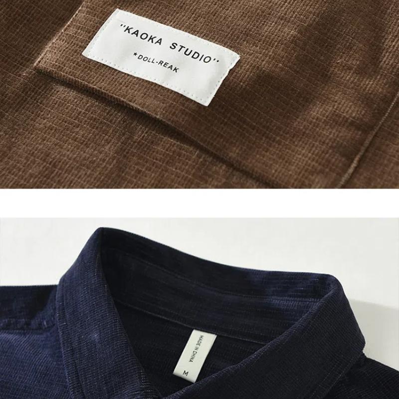 Spring/Autumn Long Sleeve Shirts for Men Vintage Japanese Style Corduroy Shirt Loose Top Square Double Pocket Casual Shirts