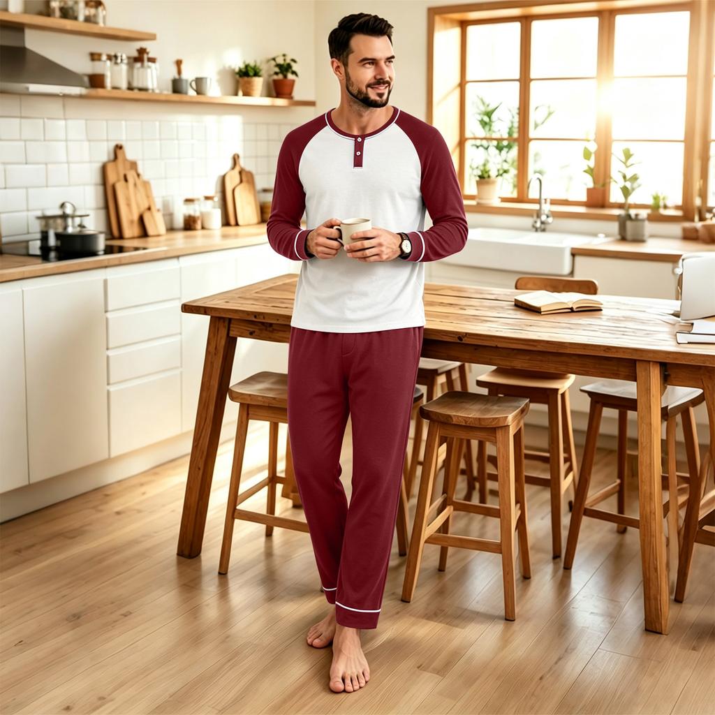 Men's Casual Loose Fit Raglan Sleeve Pajama Set for Sleep and