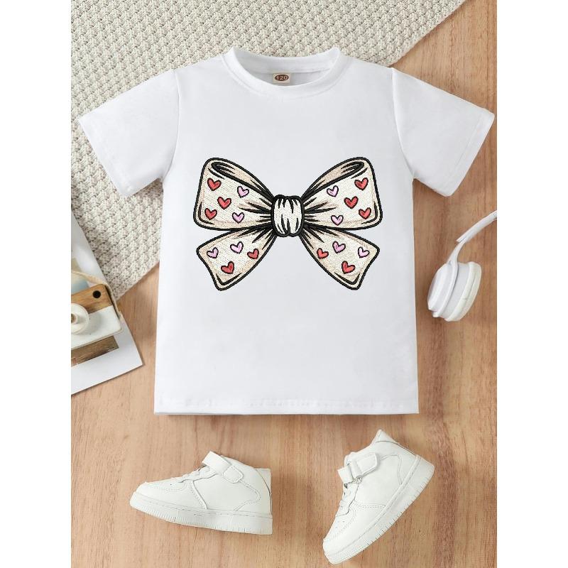 European Sizes Cute Heart and Bow Pattern T-shirt, Round Neck Casual T-shirt, Suitable for Young Girls, Comfortable All Year Round