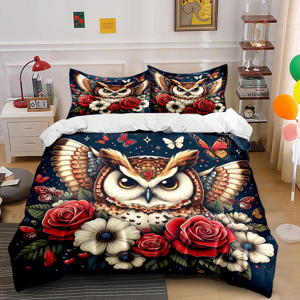 Owl Floral Art Decor Set Bedding Set with 1 Duvet Cover 2 Pillowcases Single Double King Queen, Gift