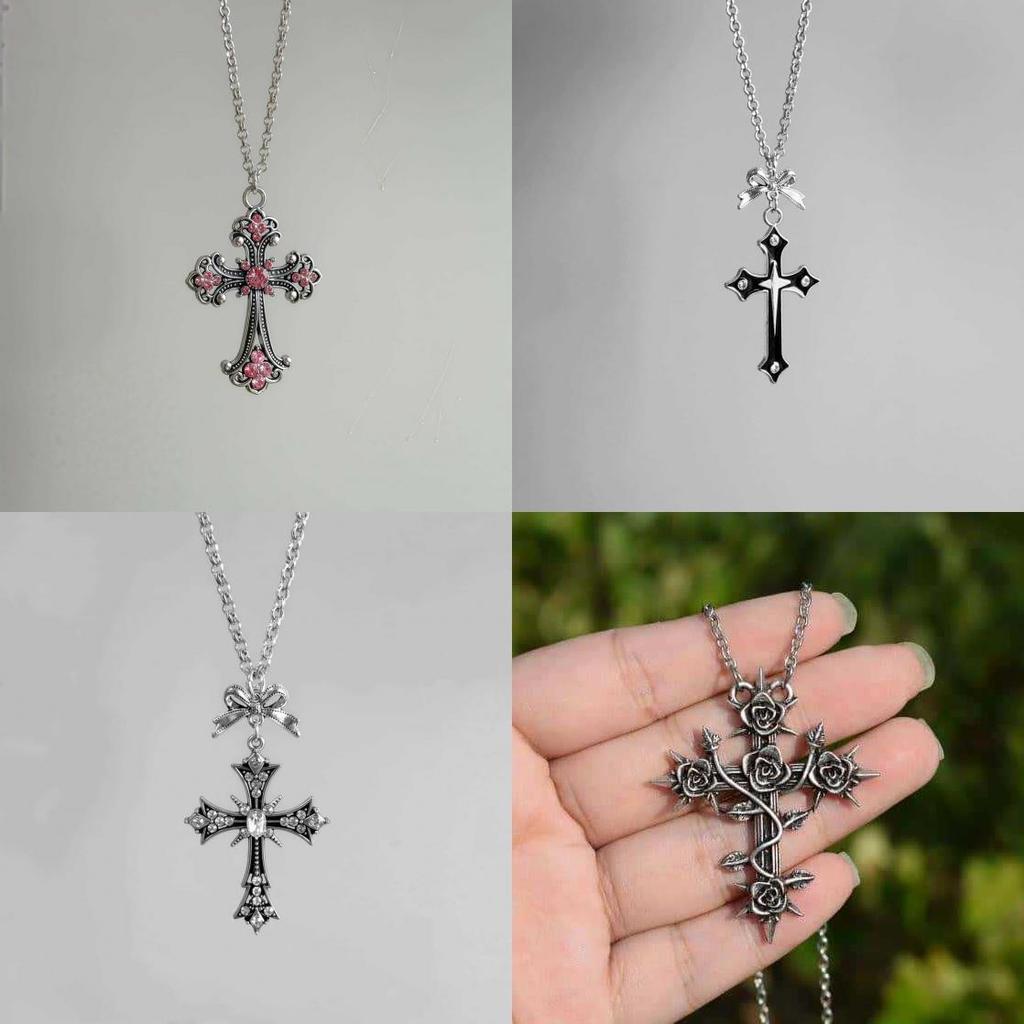 Gothic Cross Pendant Necklace With Dark Rose Design For Men And Women