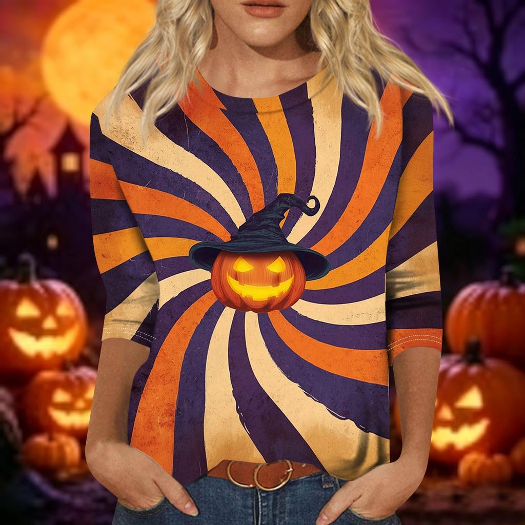 Women’s Casual Three Quarter Sleeve Crew Neck Top Tie Dye Halloween Themed Print Relaxed Fit Soft Fabric for Daily Wear