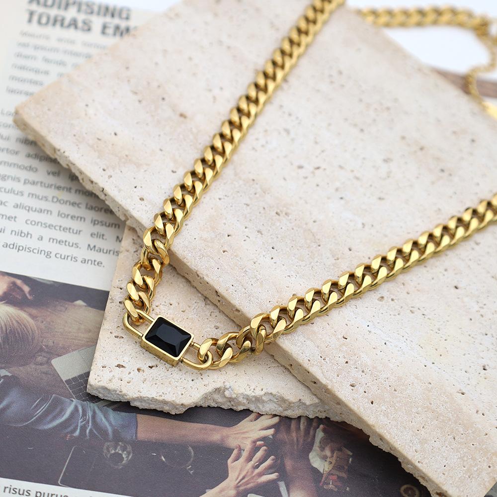 Personalized Trend Square Zircon Cuban Chain Necklace Women'S 18K Gold Titanium Steel Non-Fading Jewelry