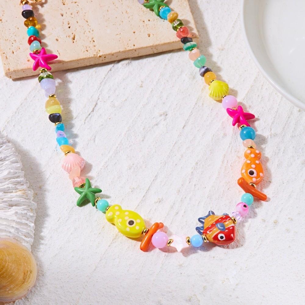 Resin Fish Charms Pendant Scallops Beaded Necklace Jewelry Colorful Fish Necklace Women