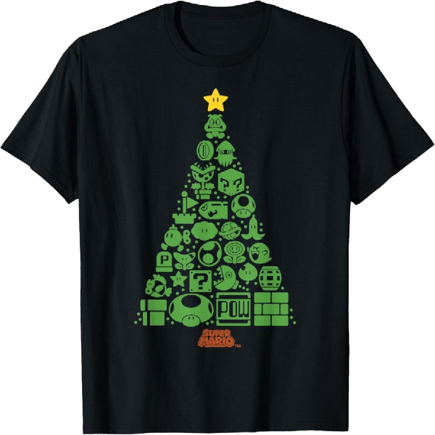 Super Mario Item Characters Christmas Tree Graphic Short Sleeve T-Shirt Black XXXXXL разноцветный
