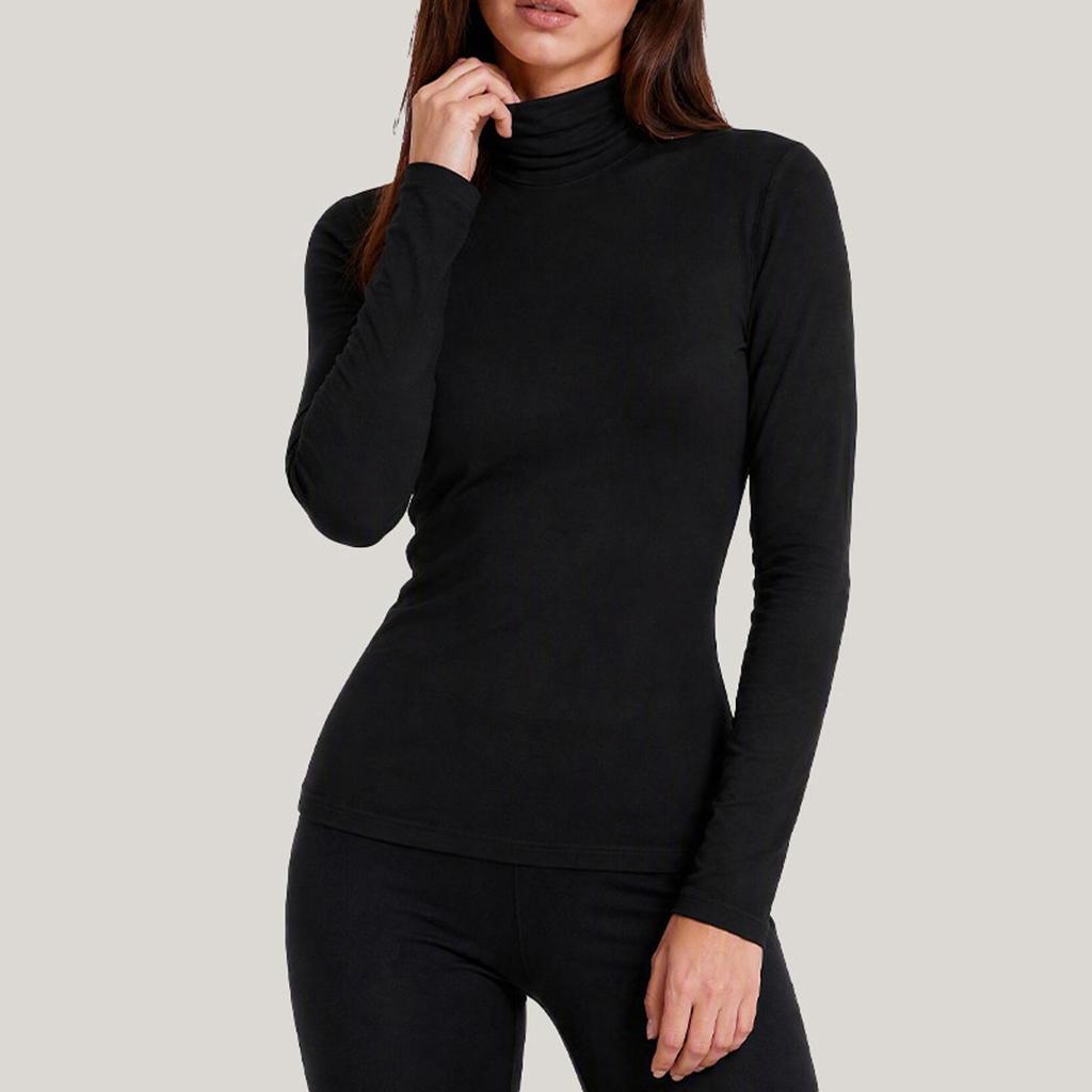Women's Fleece Lined Turtleneck Top, Slim Fit Long Sleeve Thermal Shirt, Warm Black Winter Base Layer