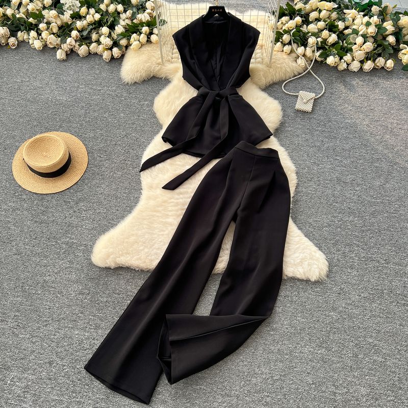 

Summer Clothing Commuter Business Suit Women High-Grade Lace-up Waist Hugging Sleeveless Suit Top + High Waist Wide Leg Straight Pants Black All yards