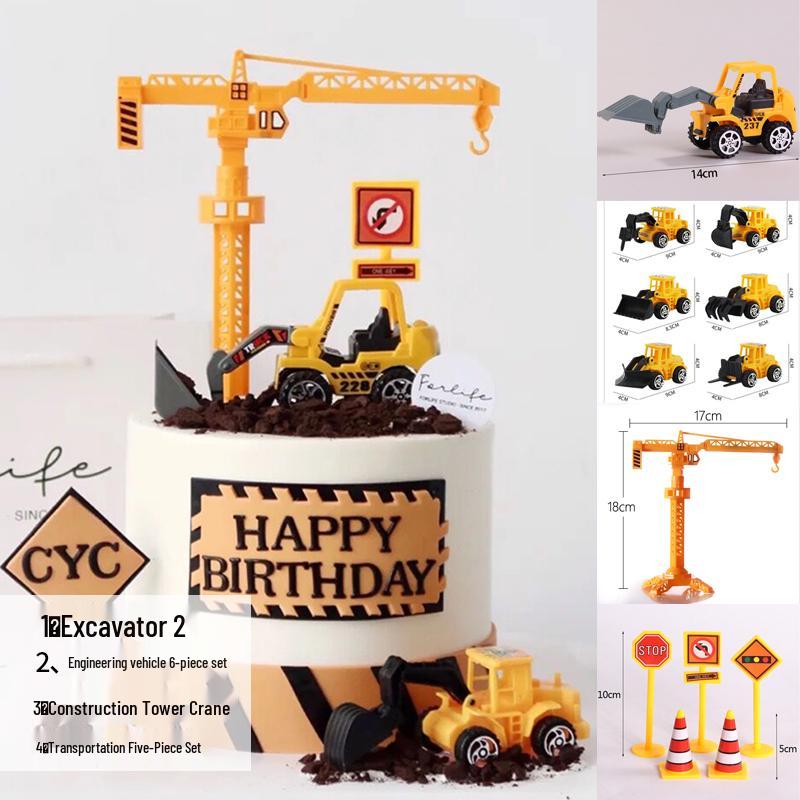 Construction Vehicle Cake Toppers: Excavator, Bulldozer, Roadblock Inserts, Figurines for Boys' Birthday