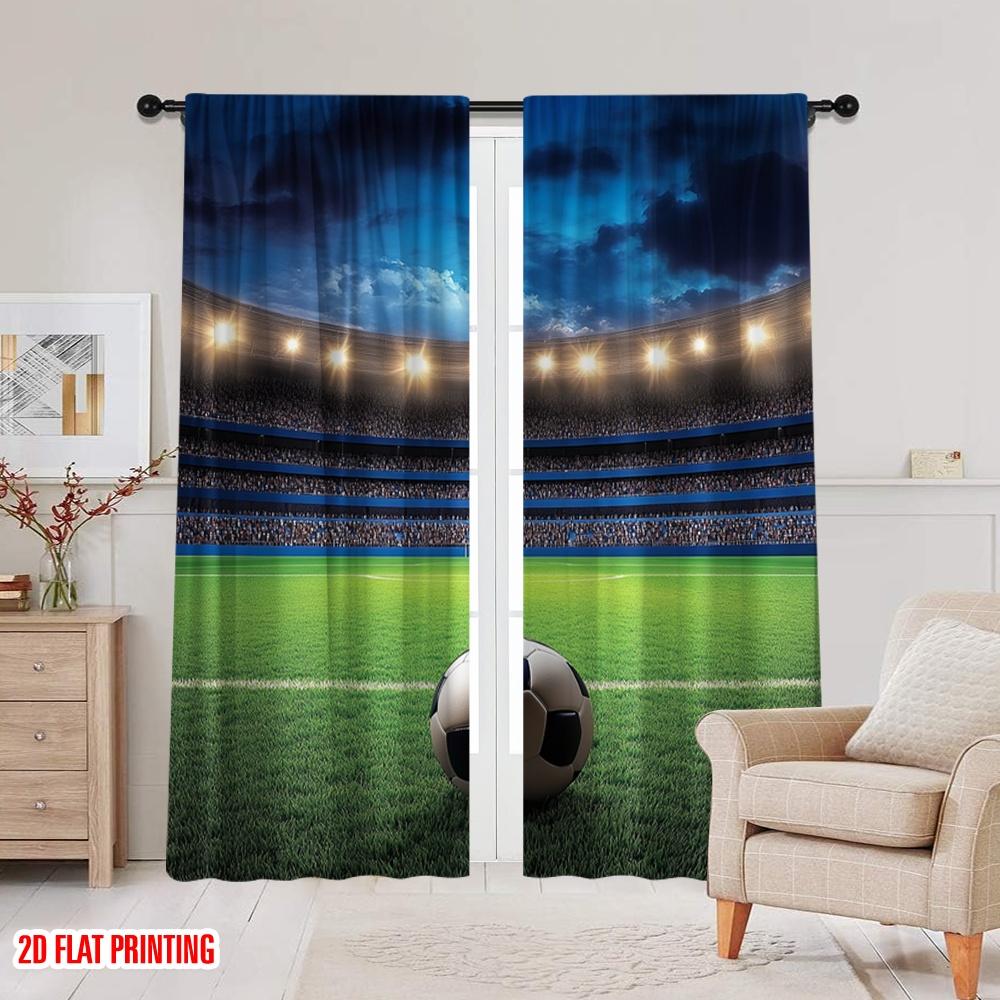 2 Stück 2D Flachdruck Sportvorhänge Fußball auf einem Stadion in der Nacht mit jubelnden Fans auf dem grünen Feld geeignet