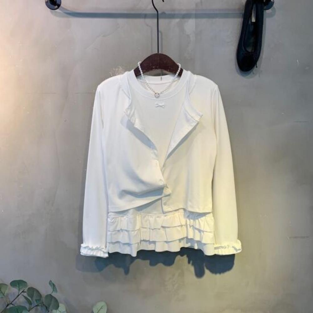 C S In The Room Ribbon 3 Tier Layered Short Sleeve Tee Frill Cardigan Set 2Color