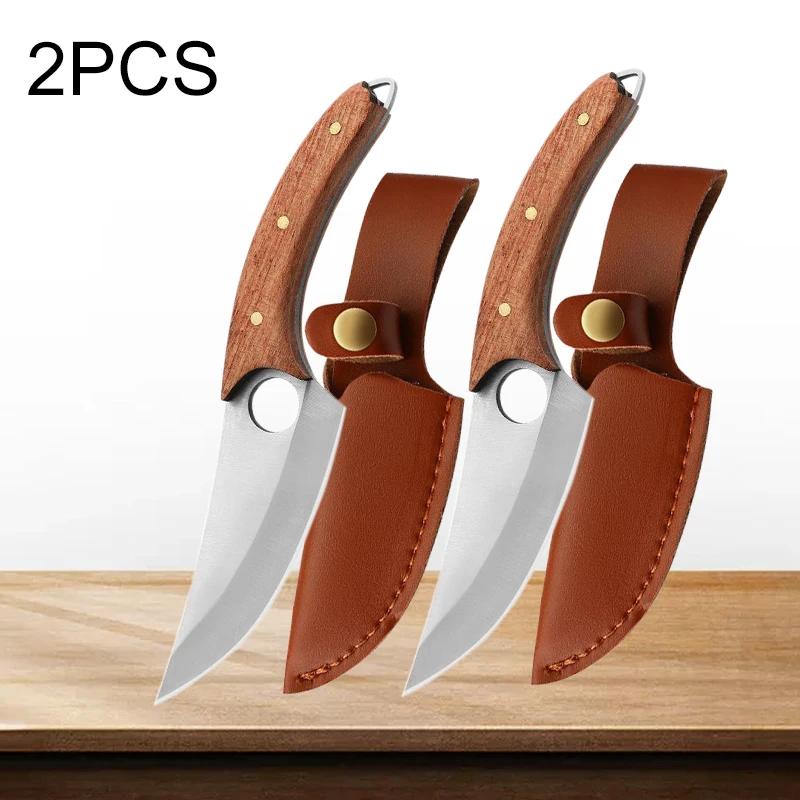 Portable Boning Knife Mini Kitchen Pocket Knife Chef Meat Cutting Fruit Cleaver Butcher with Cover Cooking Wooden Handle