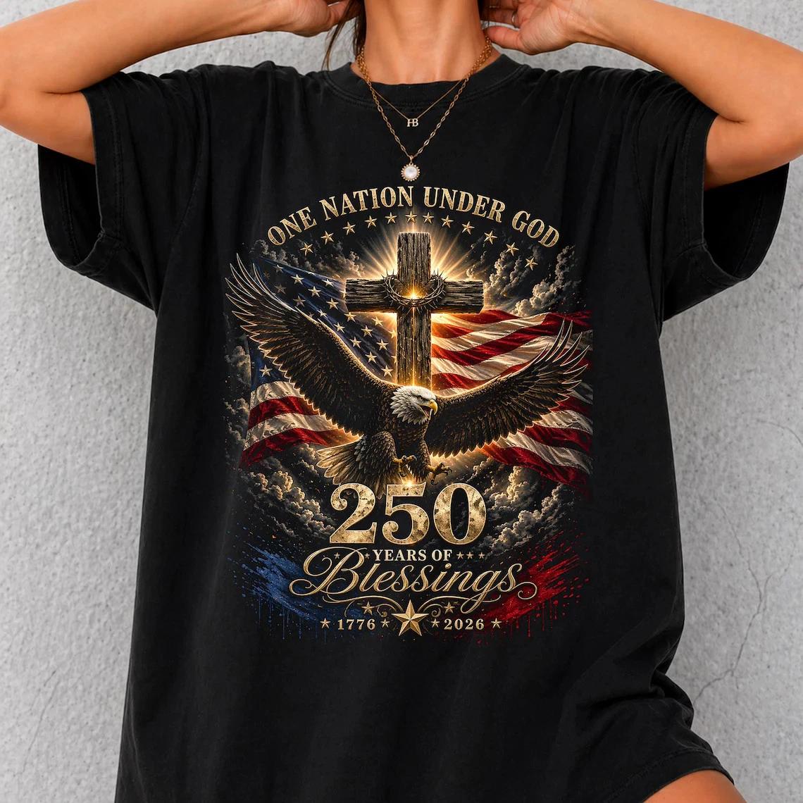 Christian Patriotic Eagle Cross T- Shirt, One Nation Under God 1776 2026 L