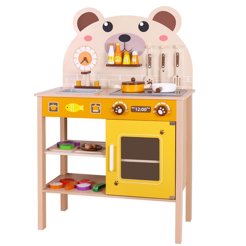Wooden Play Kitchen Set: Bear Refrigerator, Stove, BBQ Cart, Food, and Vegetables Simulation Toy