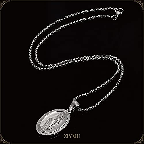 ZIYMU Virgin Mary Miraculous Medal Pendant Necklace with Venetian Chain, 50cm, Silver, Men's, Zm-p-051