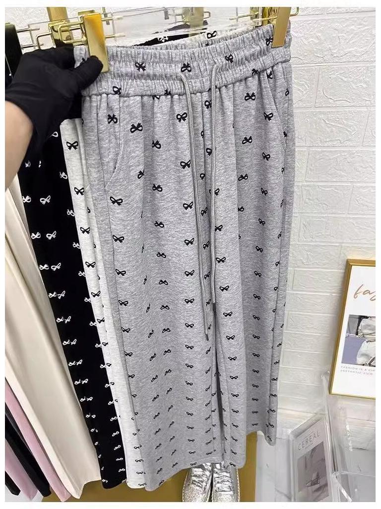 Korean Style Bow Print High Waist Wide Leg Pants for Women - Petite & Slimming, Early Autumn