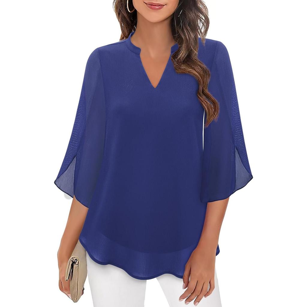 Women's V Neck Half Sleeve Loose Fit Chiffon Blouse Petal Sleeve Casual Top
