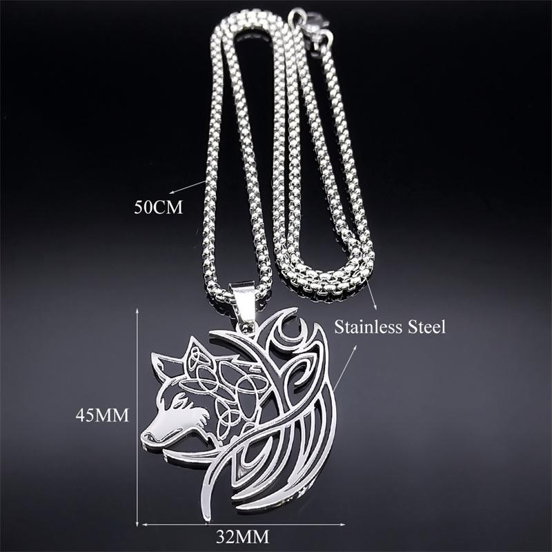 Viking Wolf Knot Necklace Stainless Steel Valknut Odin Norse Symbol Jewelry for Men Women N7802S01