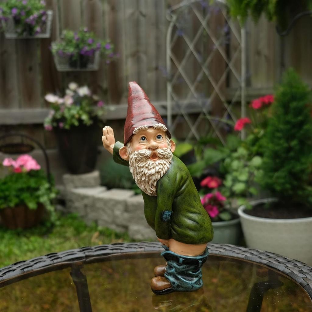 Gartenzwerg Statue - Polyresin - Willy der pinkelnde Gartenzwerg für Rasenornamente, Innen- oder Außendekorationen - Rote und grüne lustige Zwerge