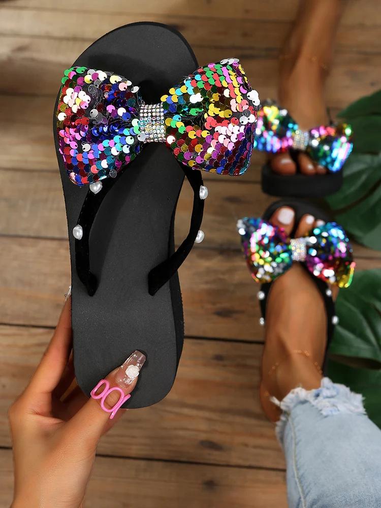 Fashion 2025 Stylish Peard Decro Flip Flops for Women Summer Bow-Knot Slippers Woman Non Slip Soft Bottom Platform Slides Female