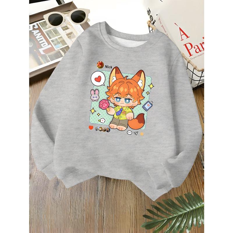 Kids Unisex Crewneck Sweatshirt, Cute Cartoon Fox Nick Rabbit Heart Print Long Sleeve Pullover, Soft Kids Sweatshirt For Boys Girls Over 4 Years Old