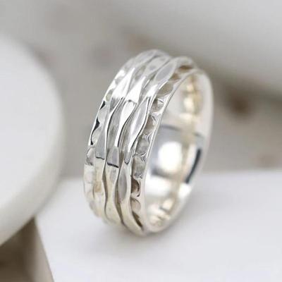 Silberner Angst-Brautjungfernring Handgemachter Meditationsring Ein Ton Ring 925 Sterling Silber Spinner Ring für Frauen - ca. 5,5 g