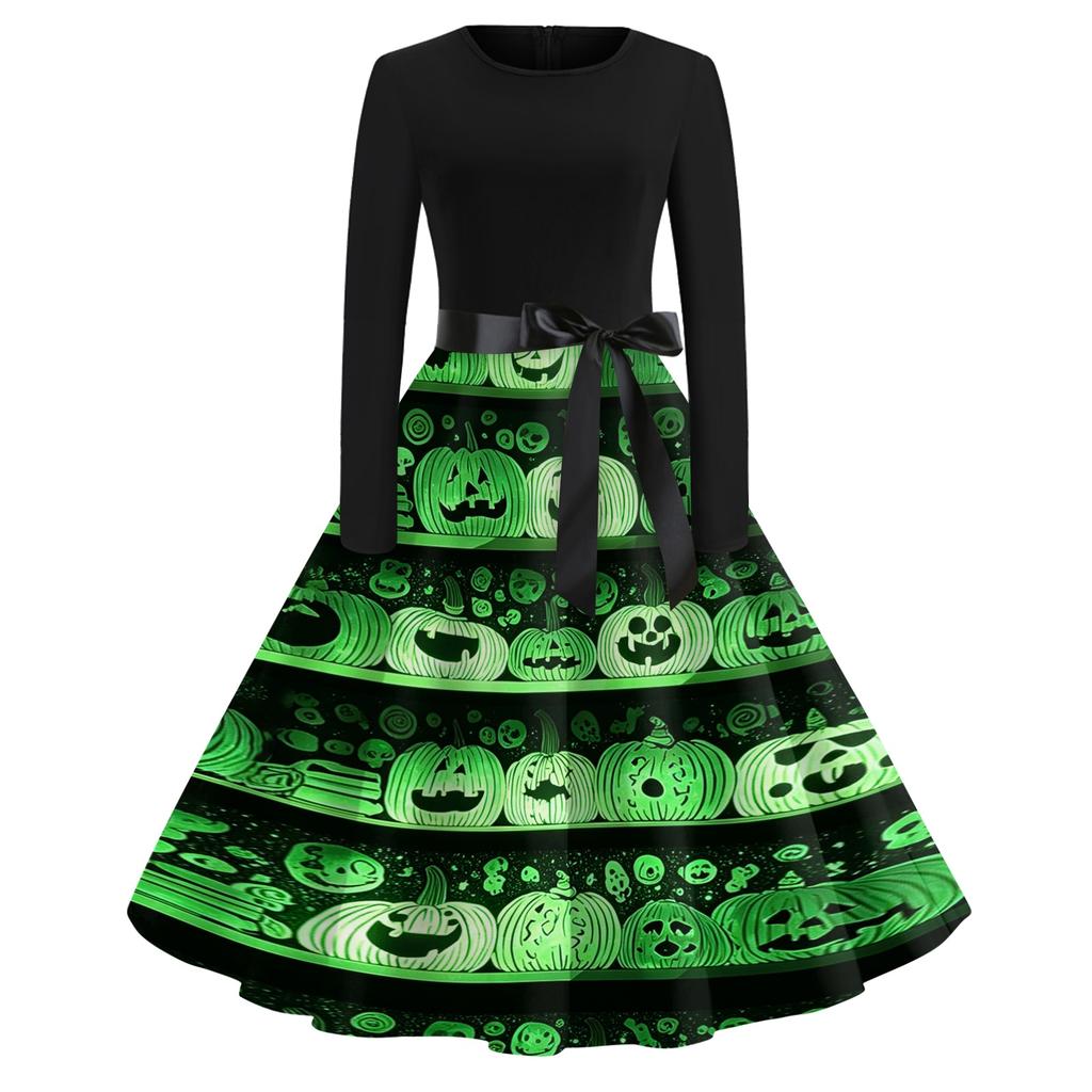 Women's Casual Vintage Halloween Print Dress Long Sleeve Round Neck Retro Style Fit and Flare Midi Dress with Waist Tie
