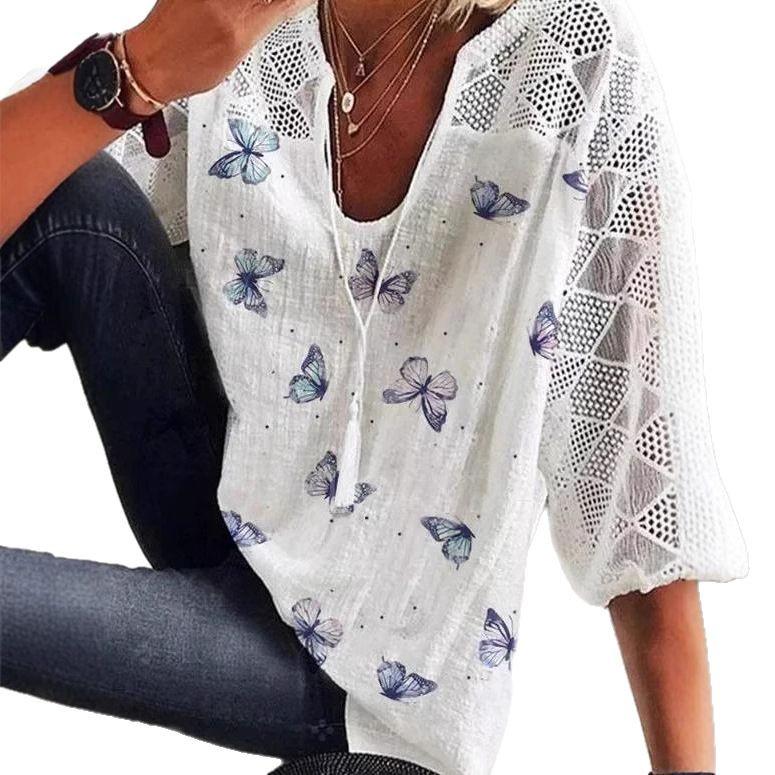 2025 Sommer-Top aus Mesh mit V-Ausschnitt und Schmetterlingsdruck für Damen