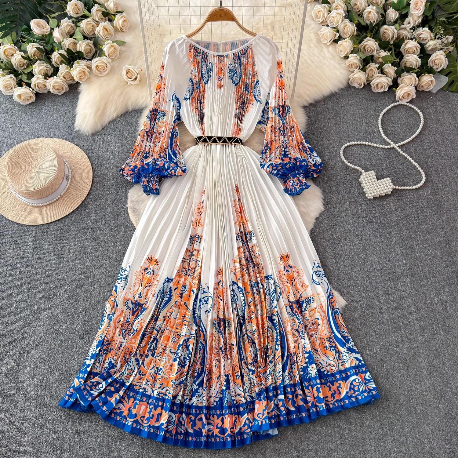 

Осеннее плиссированное великолепное праздничное платье макси с цветочным принтом для женщин с круглым воротником и рукавами-фонариками, с высоким эластичным поясом, длинная одежда One Size