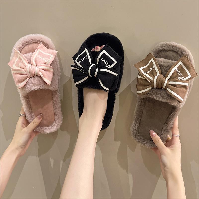 Fashion Casual Fluffy Slippers Women House Flats Fashion Winter Bowknot Love Designer Shoes Ladies Home Plush Platform Elegant Footwear