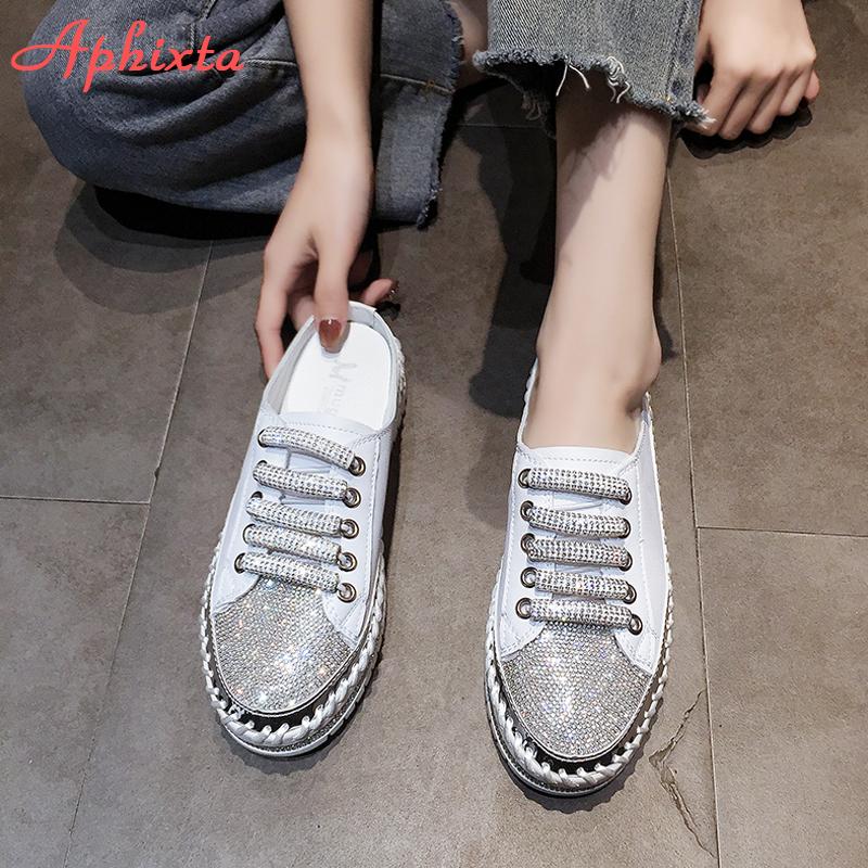 Aphixta ;uxury New Flat Platform Half Slippers Women Summer Couple Bling Mules Crystals Lace-up Shoes Slides Plus Size 42 43