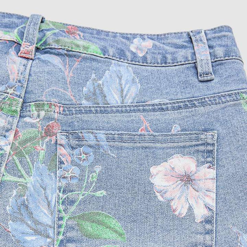 Damen Klassische High Waist Jeans-Shorts mit Blumendruck Fünf Zoll Schrittlänge Lässige Passform Sommer-Unterteile