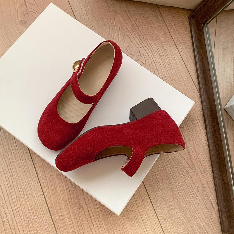 7 Height-increasing Small Golden Beans Thick-heeled Single Shoes for Women's Autumn New Retro Versatile Suede Soft-soled Mary Jane Shoes