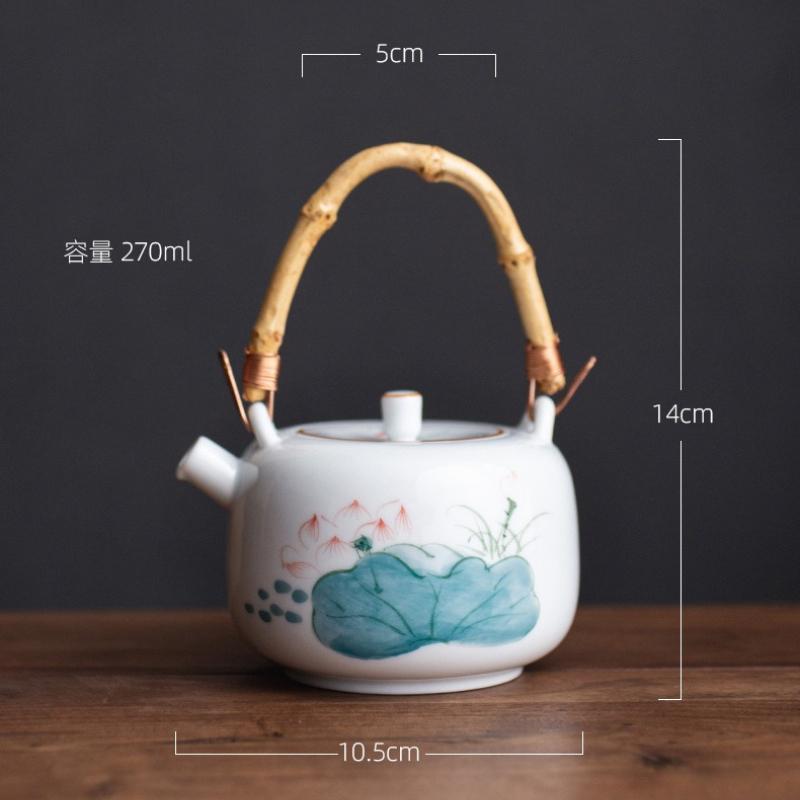 Hand Painted Lotus Ceramic Teapot with Bamboo Handle Vintage Style Portable Infuser for Home Office Gongfu Tea Brewing Gift