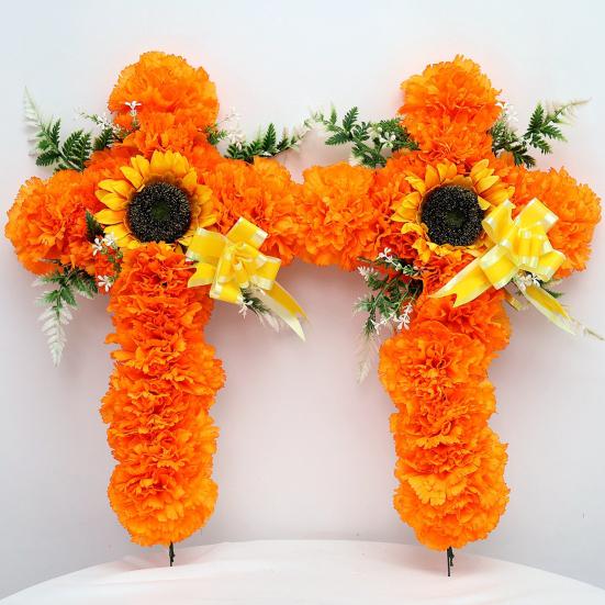 Fake Sunflower Decoration 2Pcs Dia De Los Muertos Artificial Flower, Marigold Cross Wall Decor for Day Of The Dead Floral Wreath of Halloween