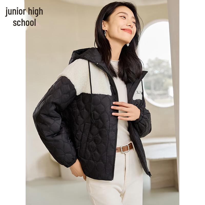 

Chushen Women s Winter Hooded Colorblock Faux Lamb Wool Thick Jacket L