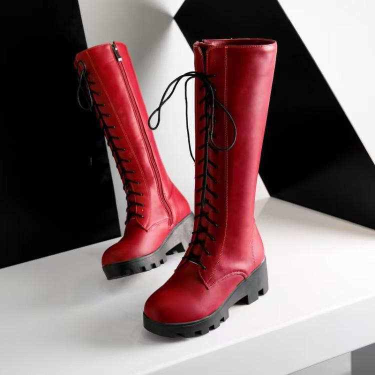 

Women s Plus Size High Shaft Long Boots - Autumn/Winter PU Round Toe, Lace-Up, Thick Sole, Chunky Heel, Side Zipper, Slimming, Height Increasing F6628 39 красный