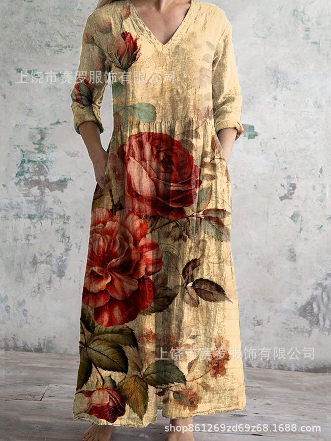 Damen Langarm V-Ausschnitt Maxi Kleid mit Streifenmuster, Knöchellanges Fließendes Kleid, Lässig Elegantes Kleid