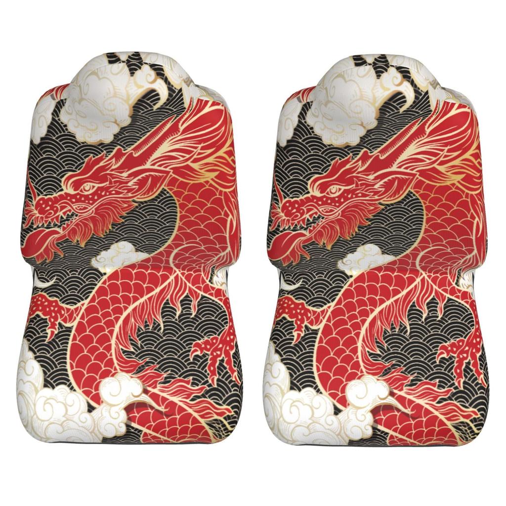 Chinese Red Dragon Totem Pattern Car Seat Covers Set 2 Pcs Elastic Auto Interior Car Accessories Protectors Non-Slip Auto Cove