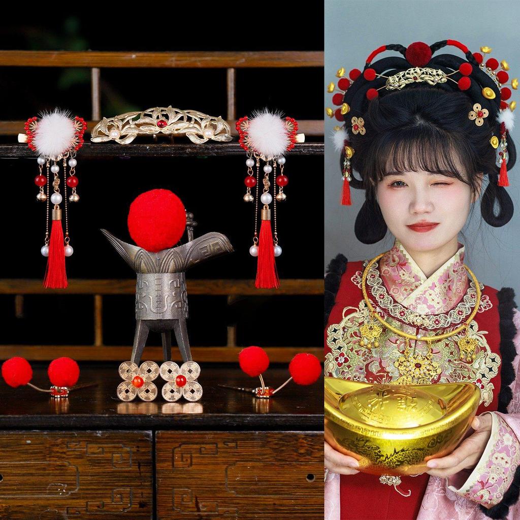 Ancient Hanfu Wig Accessory Set: Sweet Hair Bun with Tassel Flower Headdress for Women
