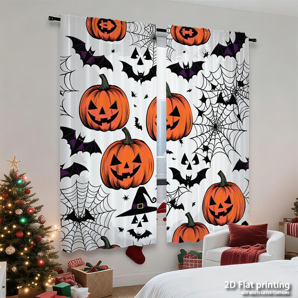Piece Set High Definition Digital Printed Curtainshalloween Orange Pumpkins Black Bats Spiderwebs Witchhat Patternhome Deco Curtain Made Of Polyester