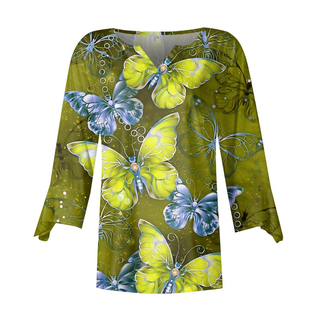 3/4 Sleeve Shirts For Women Pattern Butterfly Print Graphic Tees Blouses Casual Plus Size Basic Tops Pullover